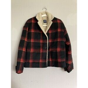 GAP Plaid Cropped Coat Sherpa SMALL Wool Blend Red Black